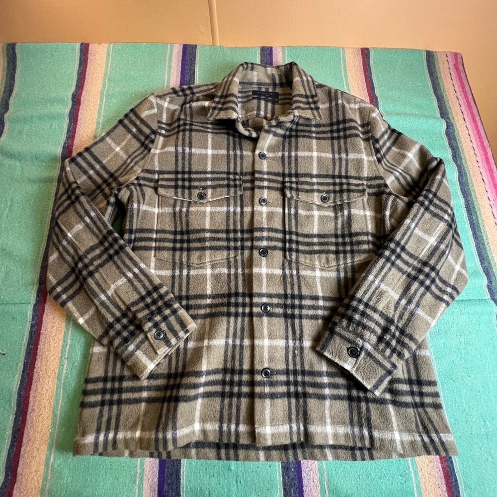 AllSaints Bertholdt Shirt Mens XL Green Plaid Wool Blend Fleece Relaxed Shacket